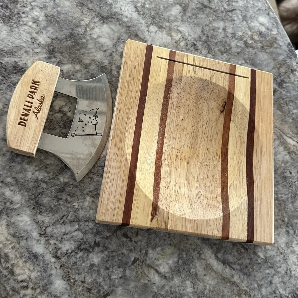 Denali National Park Wood Cutting Board Set Mezzaluna Ulu Bowl & Half Moon Knife